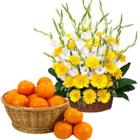 Order Yellow Gerbera White Glad Basket 30 Flowers with 18 pcs Orange Basket in Gifts to Bangalore
