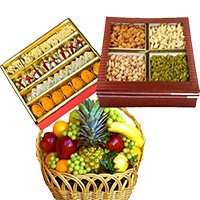 Online Gifts Delivery to Bangalore. Order Basket of 3 Kg Fresh Fruits with 0.5 kg Mixed Dryfruits and 1 kg Assorted Sweets