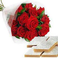 Online Send 12 Red Roses and 250 gm Kaju Burfi in Bangalore