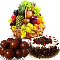 Buy Gifts Online Bangalore,Send 1 Kg Fresh Fruits, 1 Kg Gulab jamun & 1 Kg Round Black Forest Cake