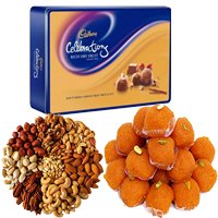 Gifts to Bangalore Midnight Delivery to deliver Online 1 Kg Motichoor Ladoo,1 Kg Dry Fruits & 1 Celebration pack