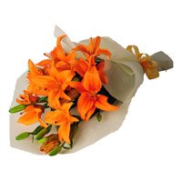 Flowers to Bangalore on New Year. Orange Lily Bouquet 4 Flower Stems