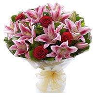 Send 4 Pink Lily 9 Red Roses Flower Bouquet to Bangalore on Friendship Day