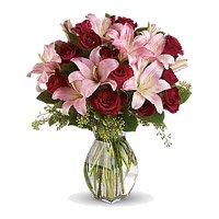 Send 3 Pink Lily 12 Red Roses in Vase to Bangalore