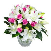 Send F5 White Lily 10 Pink Rose Vase on Friendship Day in Bengaluru