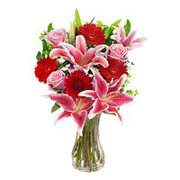 Cheapest Diwali Flower Delivery in Bangalore. 4 Pink Lily 4 Pink Rose 4 Red Gerbera Vase