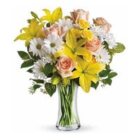 Send 4 Yellow Lily 10 Pink Rose 12 White Gerbera Flowers in Vase to Bengaluru on Friendship Day