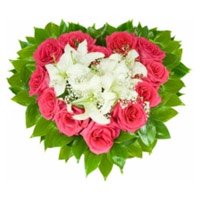 Send Rakhi with 5 White Lily 24 Pink Roses to Bangalore in Heart Shape