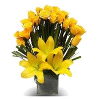 Deliver Diwali Flowers to Bengaluru comprising of 3 Yellow Lily 20 Roses to Bangalore with Flowers in Vase