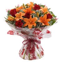 Send Friendship Day Flower of 4 Orange Lily 12 Red Roses Flower Bouquet Bangalore