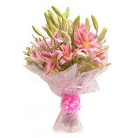 Order for Pink Lily Bouquet 6 Flowers in Bangalore. New Year Flowers to Bengaluru