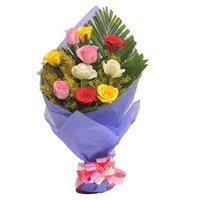 Rakhi Flowers Delivery of Mixed Roses Bouquet in Crepe 10 flowers in Bangalore