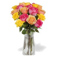 Place order to send Pink, Peach, Yellow Roses Vase 12 Flowers to Bangalore on Rakhi