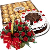 Send 24 Red Roses Basket, 0.5 Kg Black Forest Cake, 24 pcs Ferrero Rocher Bangalore
