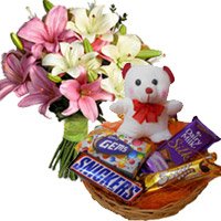 Send 6 Pink White Lily, 6 Inches Teddy with Chocolate Basket Bengaluru on Friendship Day