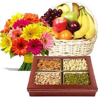 Send 12 Mix Gerberas, 3 Kg Fresh Fruit Basket, 0.5 Kg Mixed Dry Fruits as Gifts in Bangalore for Friendship Day