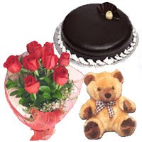Gifts to Bangalore Same Day to Deliver Bunch of 12 Red Roses, 1 kg Chocolate Truffle Cake, 9 inch Teddy