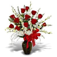 Send 5 White Orchids 12 Red Roses to Bangalore in Vase. Diwali Flowers in Bangalore
