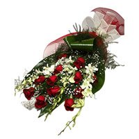 Deliver Online 6 White New Year Orchids 12 Red Roses Flower Bouquet to Bangalore