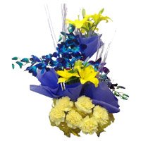Fresh Flower Delivery in Bangalore on New Year. 4 Yellow Lily 4 Blue Orchids 6 Yellow Carnation Basket
