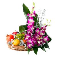 Online Diwali Flowers to Mangalore. 5 Purple Orchids 2 Kg Fresh Fruits Basket
