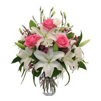 New Year Flowers Deliver in Bangalore Pink Roses and White Lily in Vase 12 Flowers to Bangalore Online