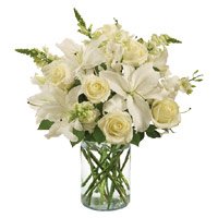Rakhi Flower Delivery for White Lily Roses in Vase of 14 Flowers to Bangalore