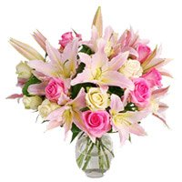 Send Pink Lily Roses White Roses Vase 18 Flowers in Bengaluru on Friendship Day