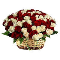 Online Flower Delivery of Red White Roses Basket 50 Flowers in Bangalore for Rakhi