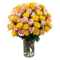 Rakhi flowers to Bangalore. Send Yellow Pink Roses Vase 50 Flowers Online Bangalore on Rakhi