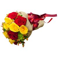 Red Yellow Roses Bouquet 12 flowers, Rakhi Flower Delivery Bangalore