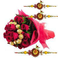 Send Online 16 pcs Ferrero Rocher 24 Red Roses Bouquet with Rakhi to Bangalore