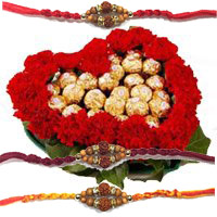 Deliver 24 Red Carnation Flowers with 24 Ferrero Rocher Chocolate and Rakhi Gifts to Bangalore in Heart Arrangement