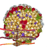 Online Delivery of Gifts in Bangalore contain 20 Red Roses 80 Pcs Ferrero Rocher Bouquet on Rakhi