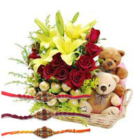 Best Rakhi Gift Delivery to Bangalore including 2 Lily 12 Roses with 16 Ferrero Rocher and Twin Small Teddy Basket